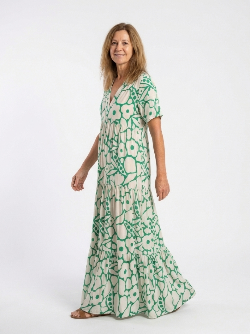 Women's Floral Midi Dress with V-Neck Short Sleeves