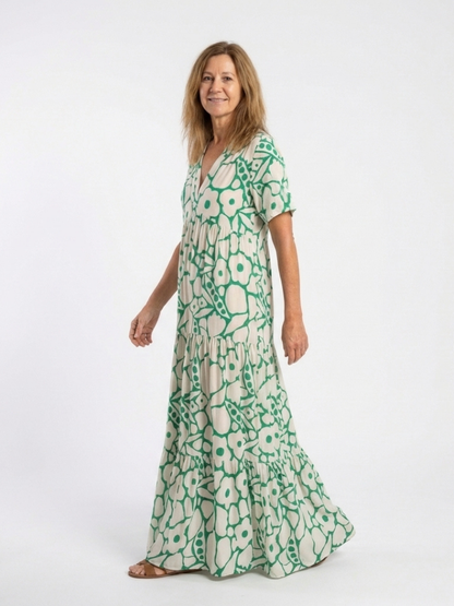 Women's Floral Midi Dress with V-Neck Short Sleeves