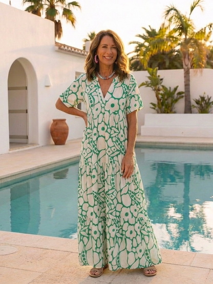 Women's Floral Midi Dress with V-Neck Short Sleeves