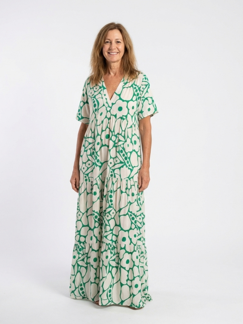 Women's Floral Midi Dress with V-Neck Short Sleeves