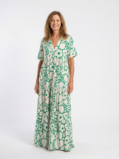 Women's Floral Midi Dress with V-Neck Short Sleeves
