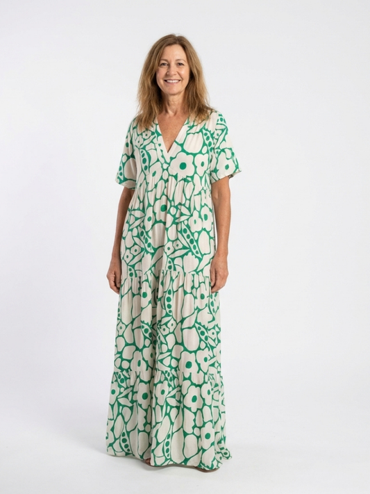 Women's Floral Midi Dress with V-Neck Short Sleeves