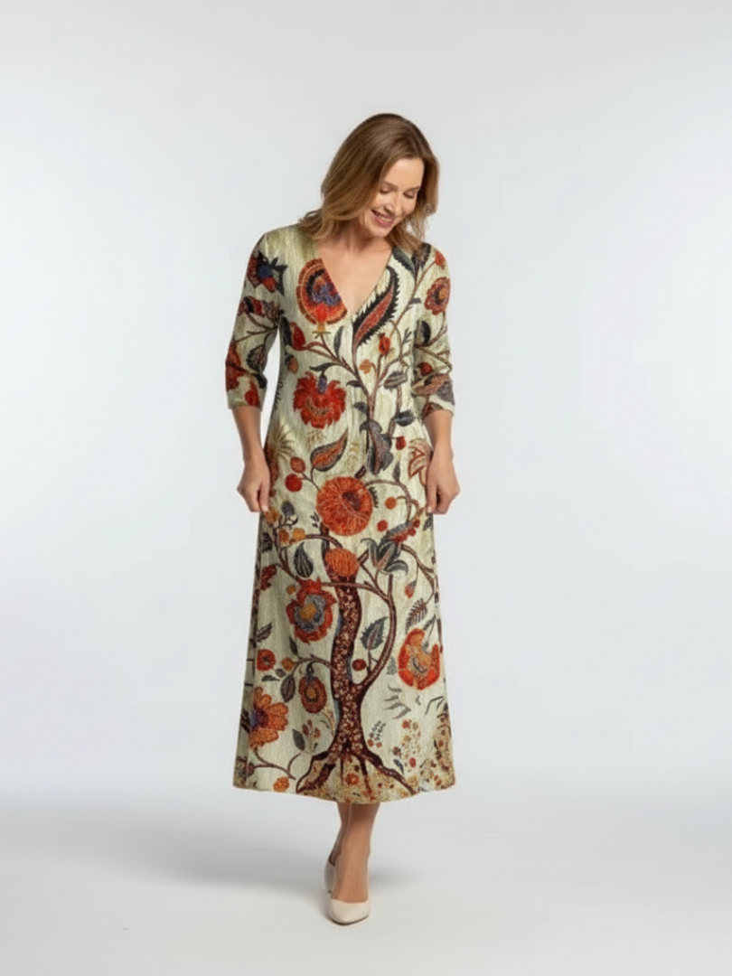 Women's Floral Midi Dress with V-Neck and Long Sleeves
