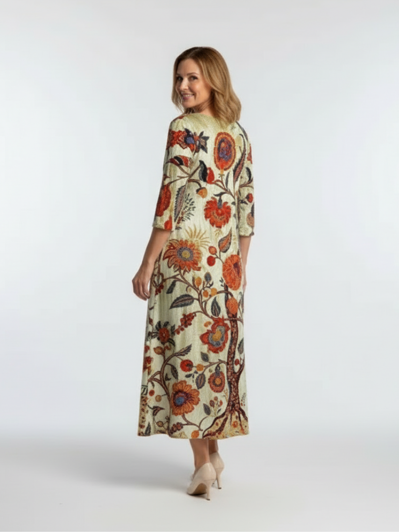 Women's Floral Midi Dress with V-Neck and Long Sleeves