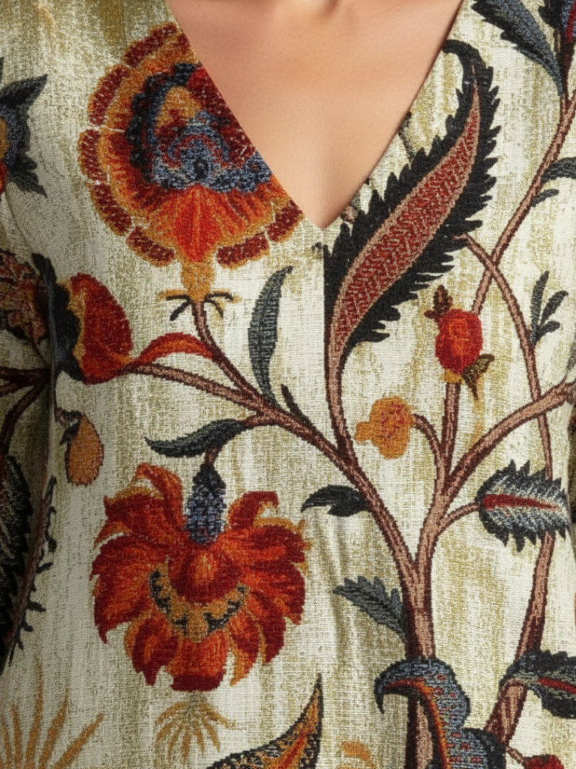 Women's Floral Midi Dress with V-Neck and Long Sleeves