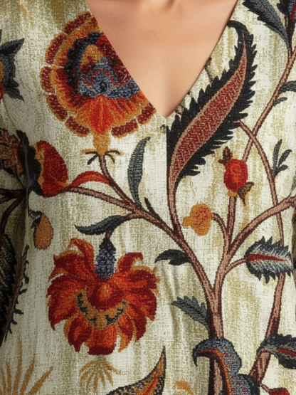 Women's Floral Midi Dress with V-Neck and Long Sleeves