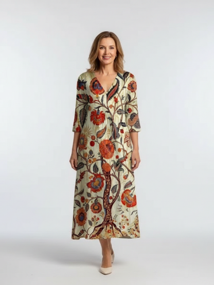 Women's Floral Midi Dress with V-Neck and Long Sleeves