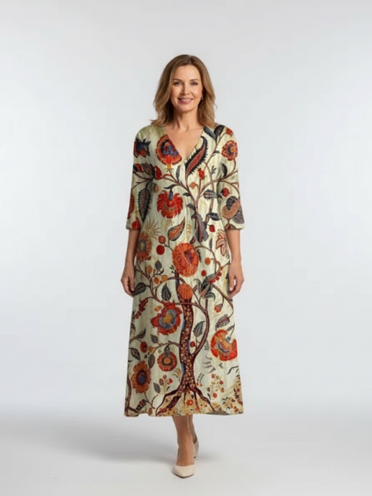 Women's Floral Midi Dress with V-Neck and Long Sleeves
