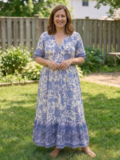 Women's Floral Midi Dress with V-Neck for Casual Day Out