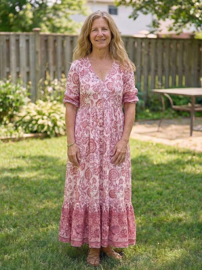 Women's Floral Midi Dress with V-Neck for Casual Day Out