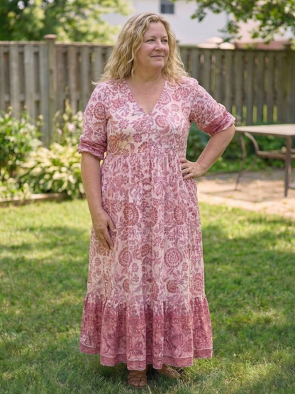 Women's Floral Midi Dress with V-Neck for Casual Day Out