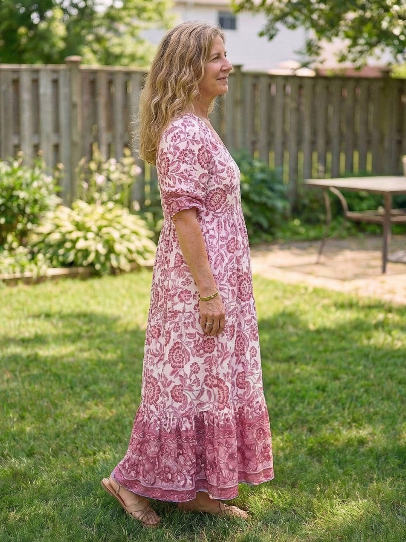 Women's Floral Midi Dress with V-Neck for Casual Day Out