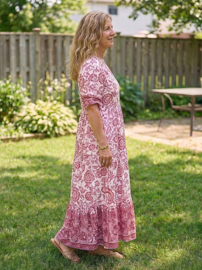 Women's Floral Midi Dress with V-Neck for Casual Day Out