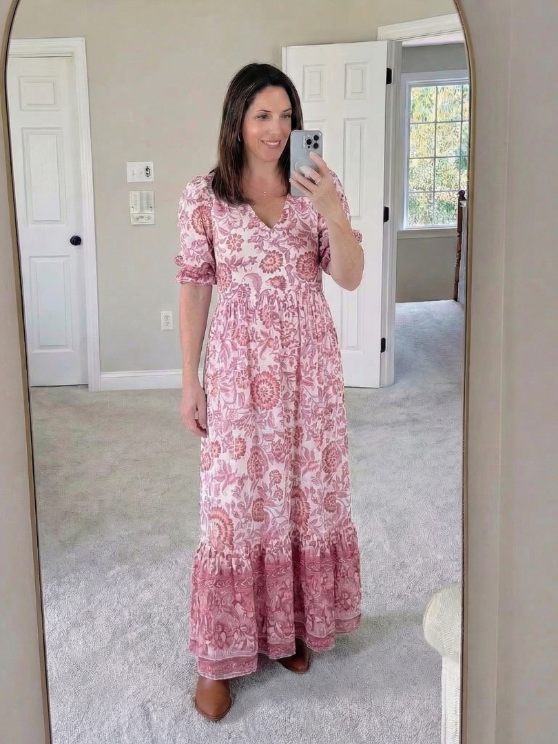 Women's Floral Midi Dress with V-Neck for Casual Day Out