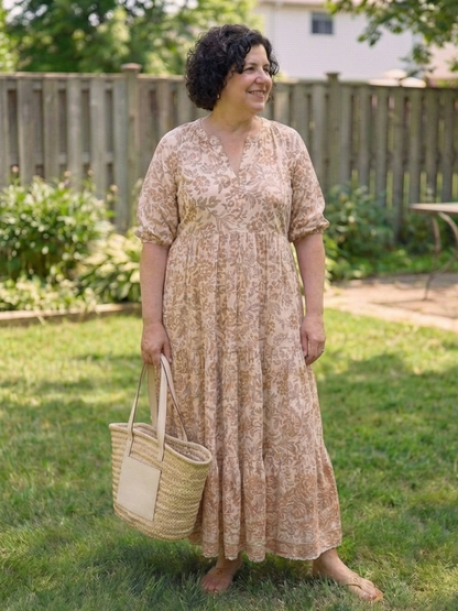 Women's Floral Midi Dress with V-Neck for Casual Day Out