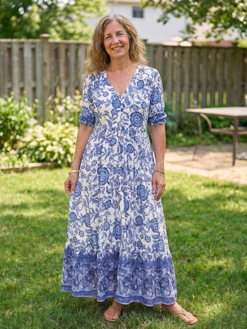 Women's Floral Midi Dress with V-Neck for Casual Day Out