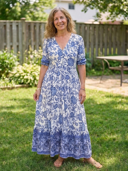 Women's Floral Midi Dress with V-Neck for Casual Day Out