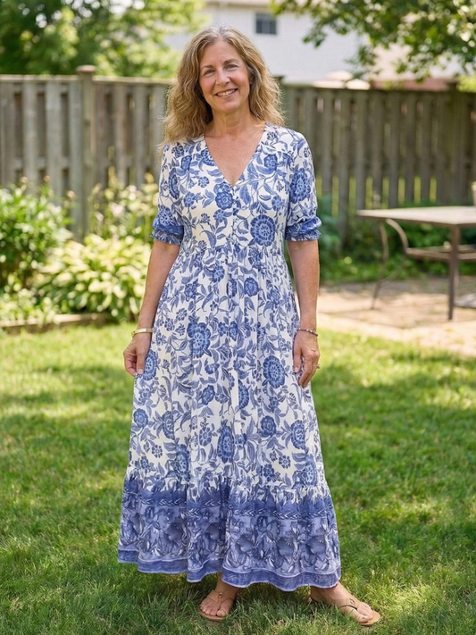 Women's Floral Midi Dress with V-Neck for Casual Day Out