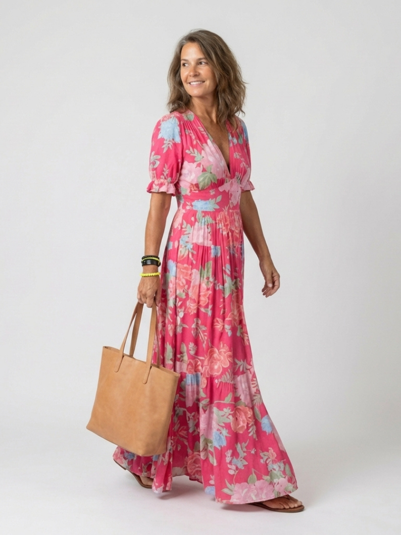 Women's Floral Midi Dress with V-Neck for Casual Days