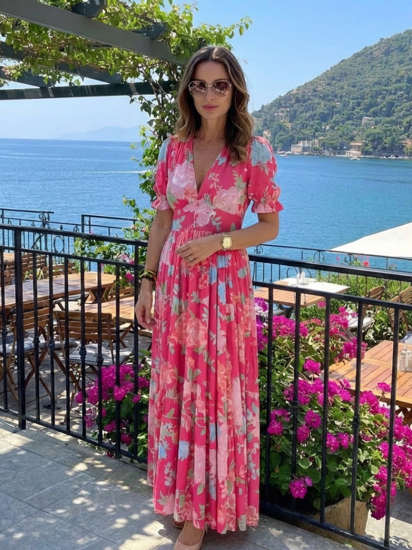 Women's Floral Midi Dress with V-Neck for Casual Days