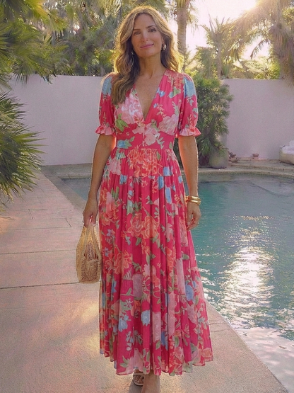 Women's Floral Midi Dress with V-Neck for Casual Days