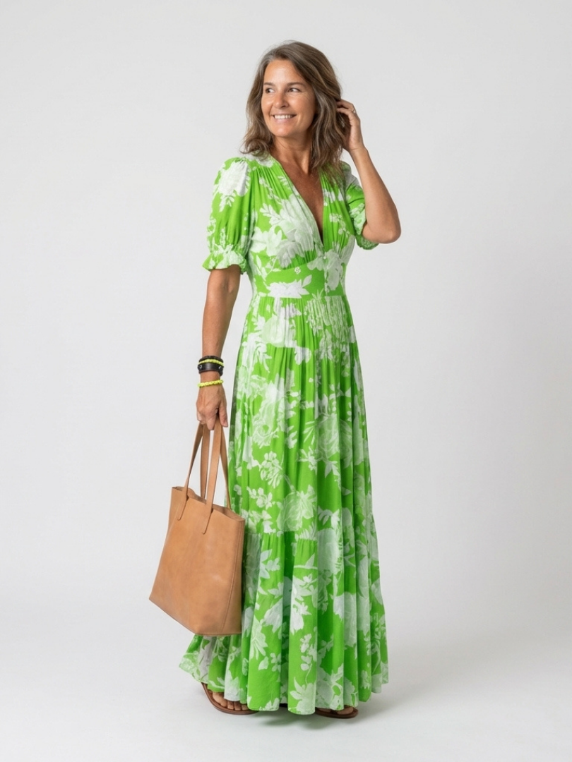 Women's Floral Midi Dress with V-Neck for Casual Days