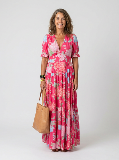 Women's Floral Midi Dress with V-Neck for Casual Days