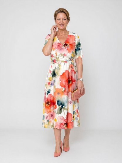 Women's Floral Midi Dress with V-Neck for Daytime Moments