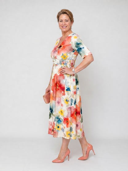 Women's Floral Midi Dress with V-Neck for Daytime Moments