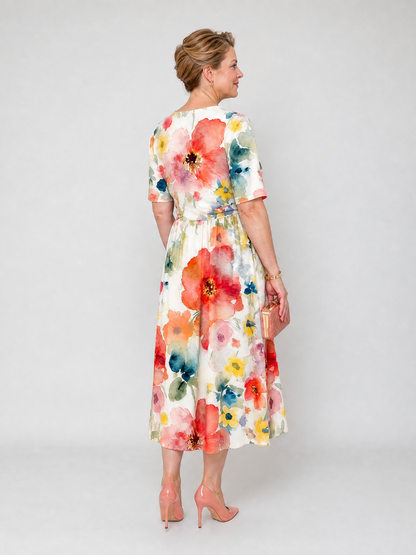 Women's Floral Midi Dress with V-Neck for Daytime Moments