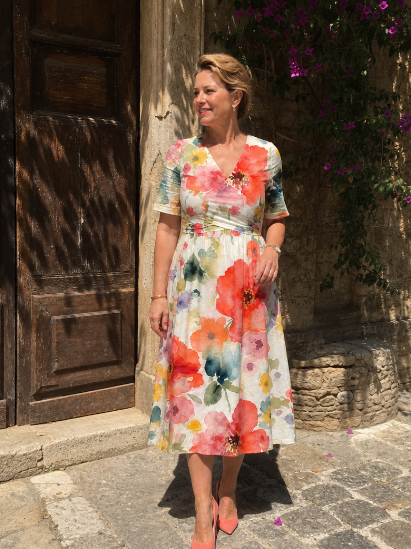 Women's Floral Midi Dress with V-Neck for Daytime Moments