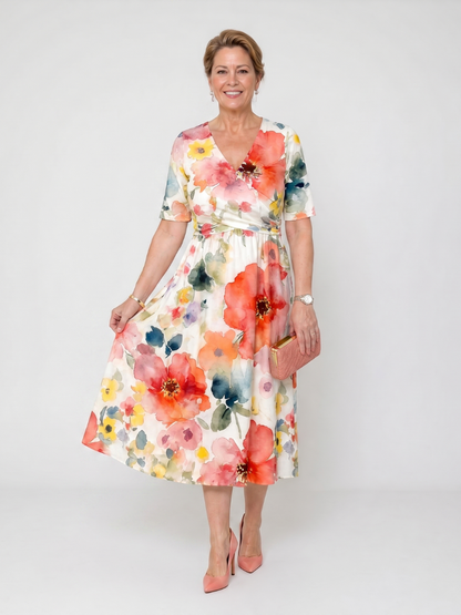 Women's Floral Midi Dress with V-Neck for Daytime Moments