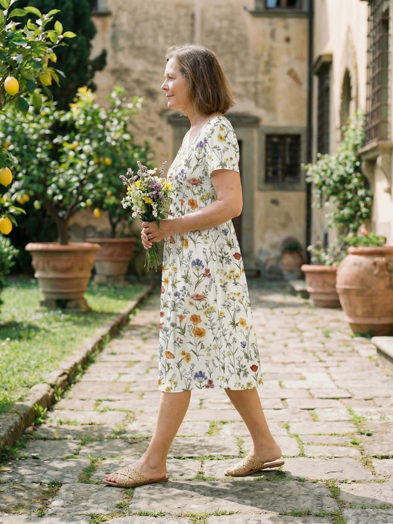 Women's Floral Midi Dress with V-Neck for Outdoor Days