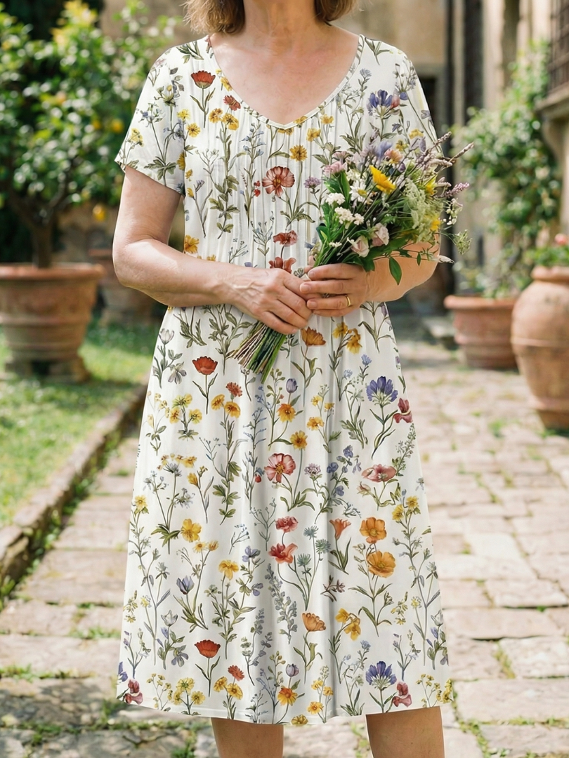 Women's Floral Midi Dress with V-Neck for Outdoor Days
