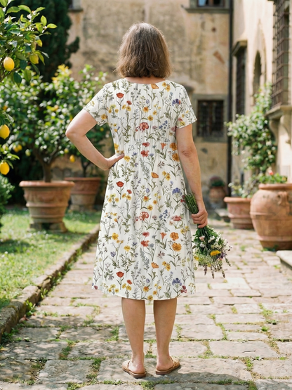 Women's Floral Midi Dress with V-Neck for Outdoor Days