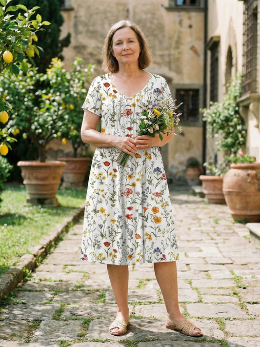 Women's Floral Midi Dress with V-Neck for Outdoor Days