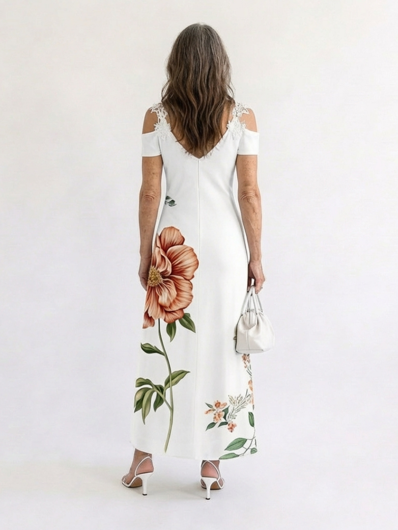 Women's Floral Off-Shoulder Midi Dress with Lace Detail