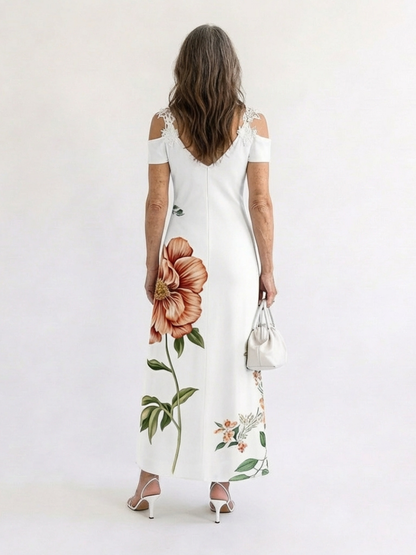 Women's Floral Off-Shoulder Midi Dress with Lace Detail
