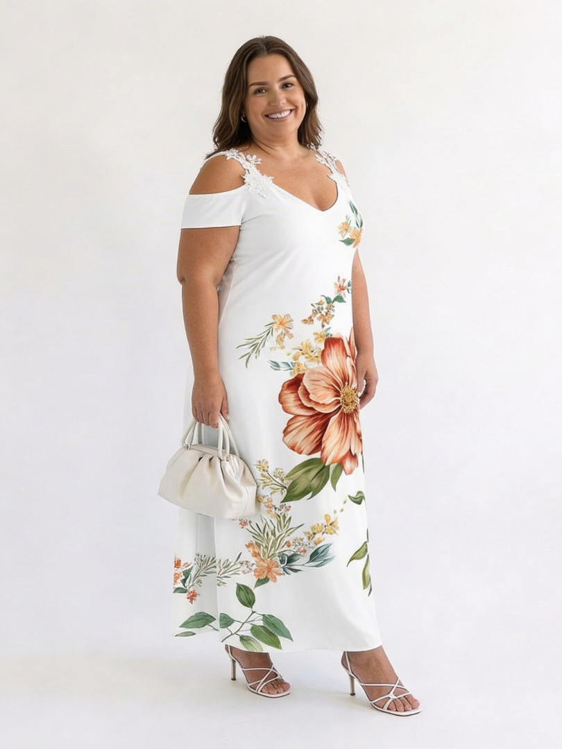 Women's Floral Off-Shoulder Midi Dress with Lace Detail