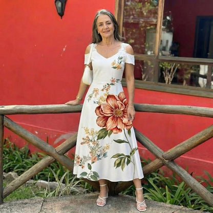 Women's Floral Off-Shoulder Midi Dress with Lace Detail