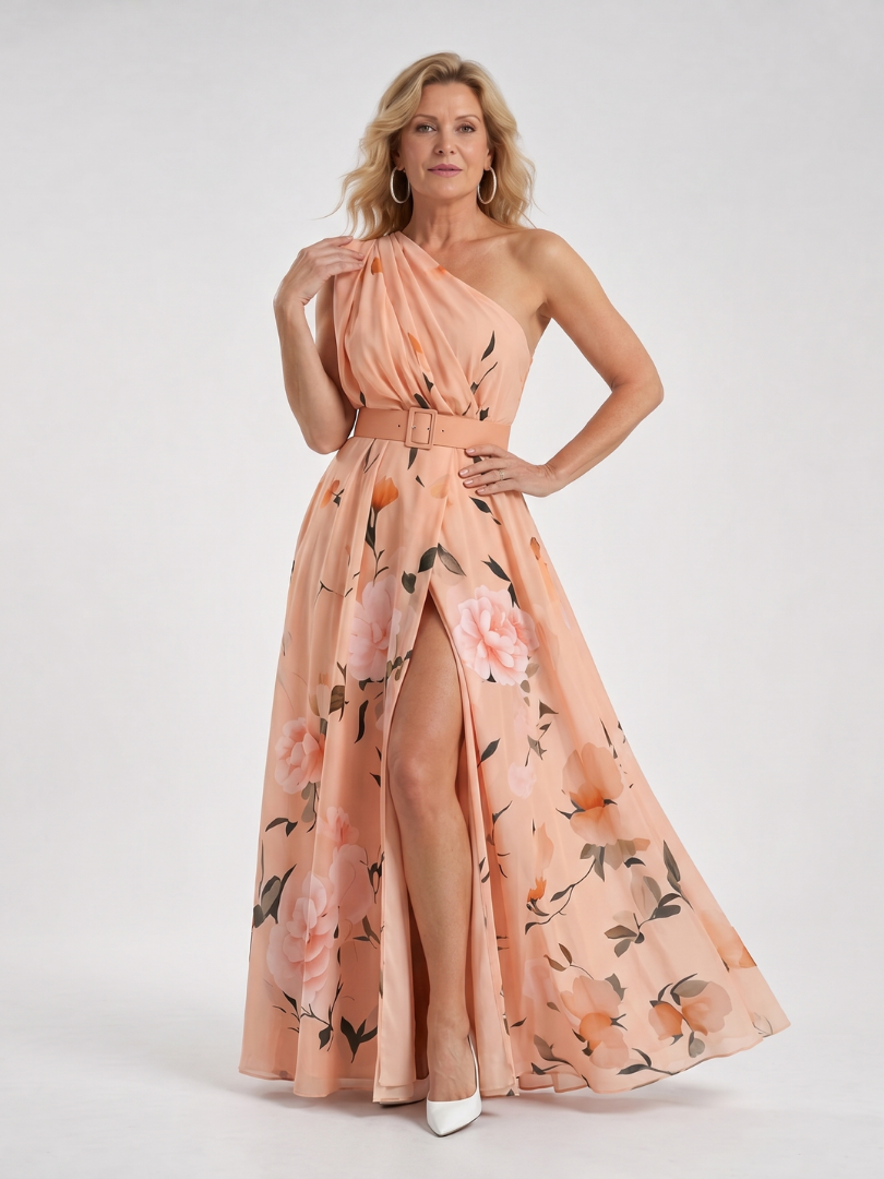 Women's Floral One Shoulder Belted Maxi Dress for Evening