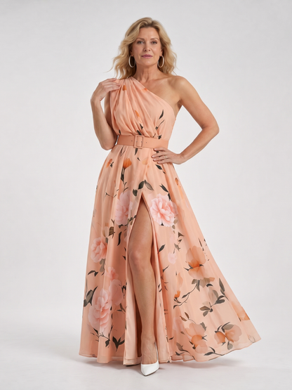 Women's Floral One Shoulder Belted Maxi Dress for Evening