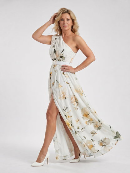 Women's Floral One Shoulder Belted Maxi Dress for Evening