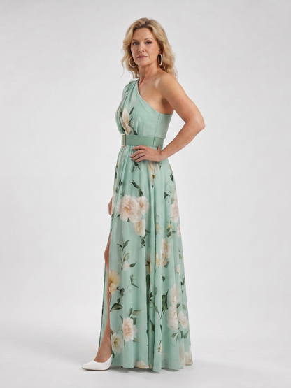 Women's Floral One Shoulder Belted Maxi Dress for Evening
