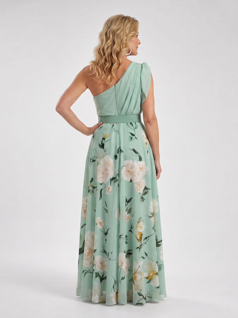 Women's Floral One Shoulder Belted Maxi Dress for Evening