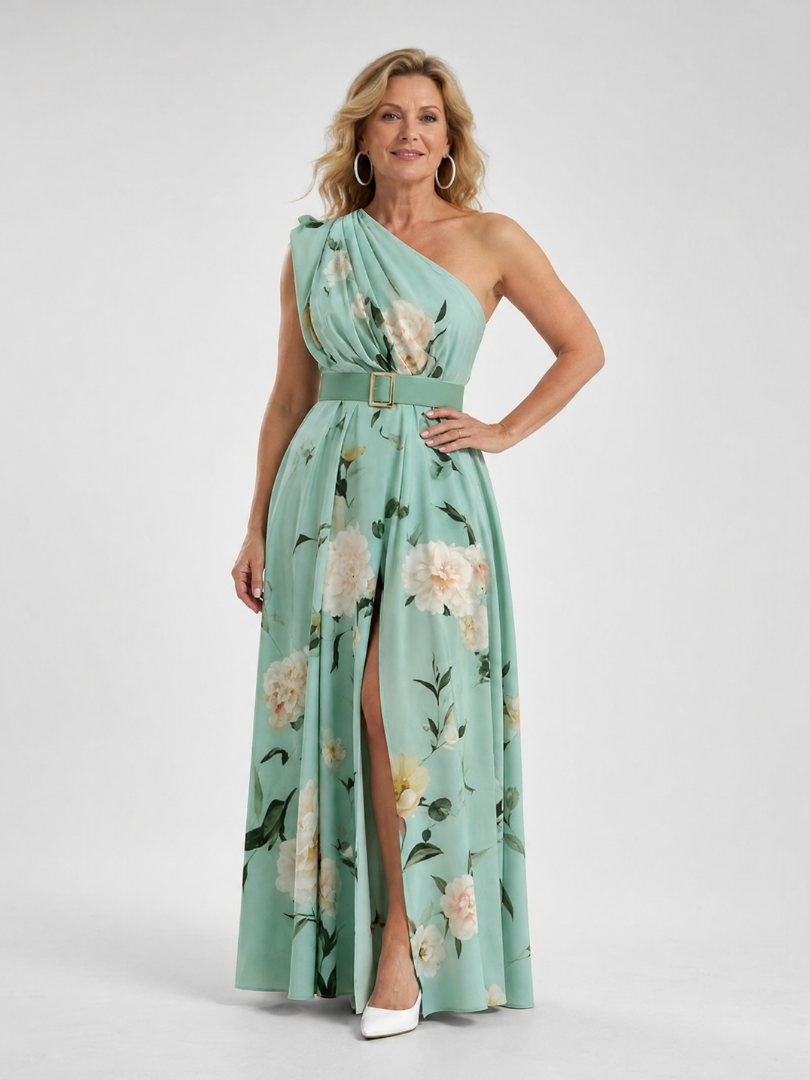 Women's Floral One Shoulder Belted Maxi Dress for Evening