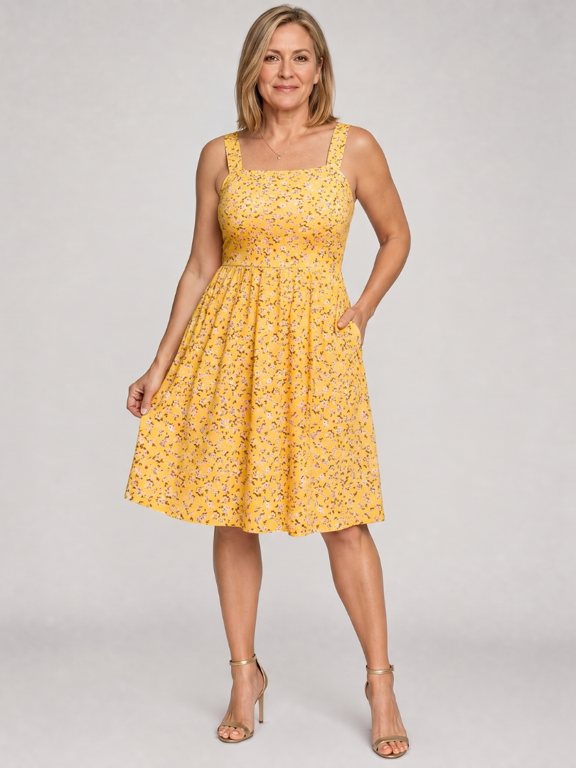 Women's Floral Print Knee-Length Dress with Square Neck