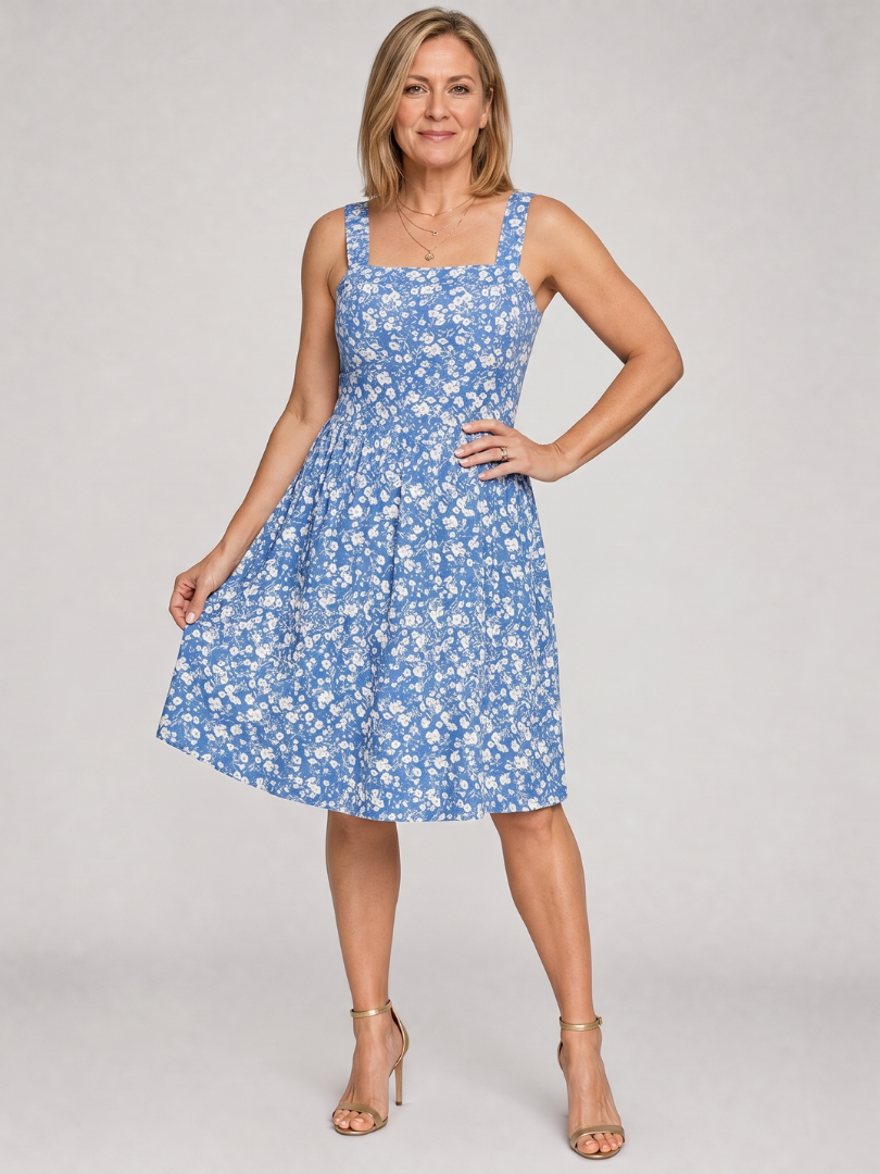 Women's Floral Print Knee-Length Dress with Square Neck