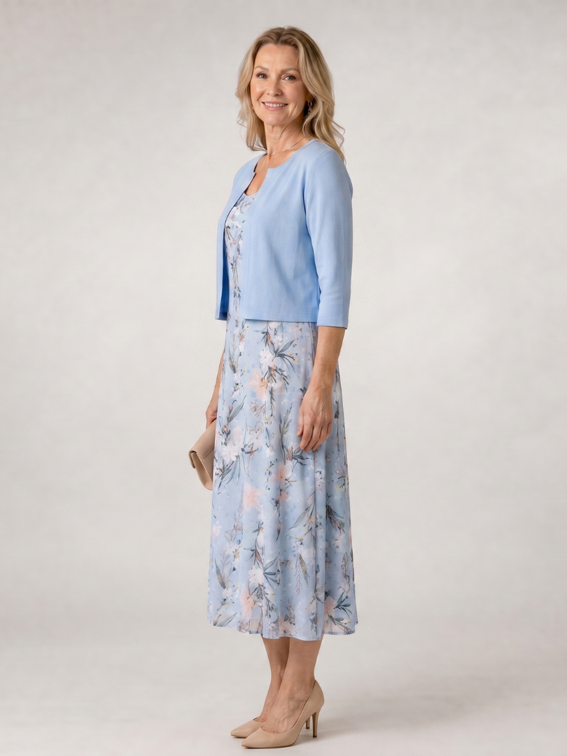 Women's Floral Print Midi Dress with Cropped Jacket
