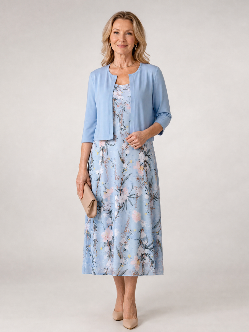 Women's Floral Print Midi Dress with Cropped Jacket
